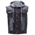 thumbnail image 1 of CS Men's Ripped Distressed Denim Jean Vest With Removable Hood (Black/Red-Buttons, M), 1 of 4