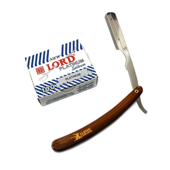 CS101 Brown Stainless Steel Professional Barber Straight Edge Razor with 100 Lord Platinum Single Edge Razor Blades
