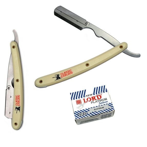 CS101 Cream Stainless Steel Professional Barber Straight Edge Razor with 100 Lord Platinum Single Edge Razor Blades