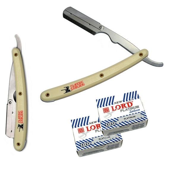 CS101 Cream Stainless Steel Professional Barber Straight Edge Razor with 200 Lord Platinum Single Edge Razor Blades