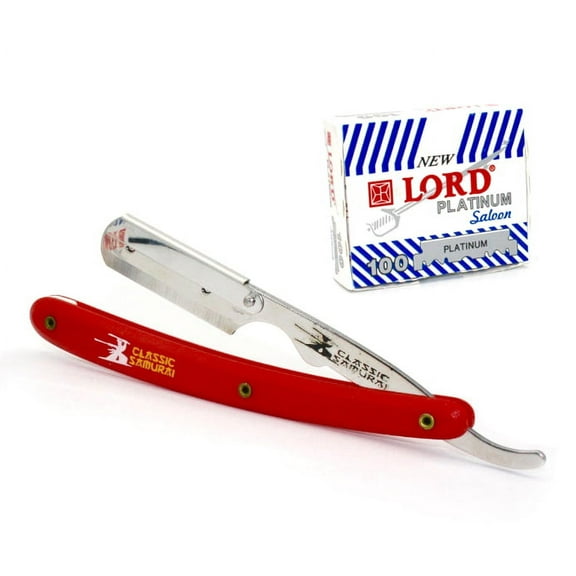 CS101 Red Stainless Steel Professional Barber Straight Edge Razor with 100 Lord Platinum Single Edge Razor Blades