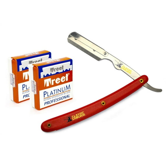 CS101 Red Stainless Steel Professional Barber Straight Edge Razor with 200 Treet Platinum Single Edge Razor Blades