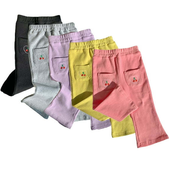 CSCHome 1-10T Baby Girls Autumn Cherry Embroidery Flare Pants Leggings Toddler Elastic Waist Bottoms Pants Kids Soft Casual Flared Trousers