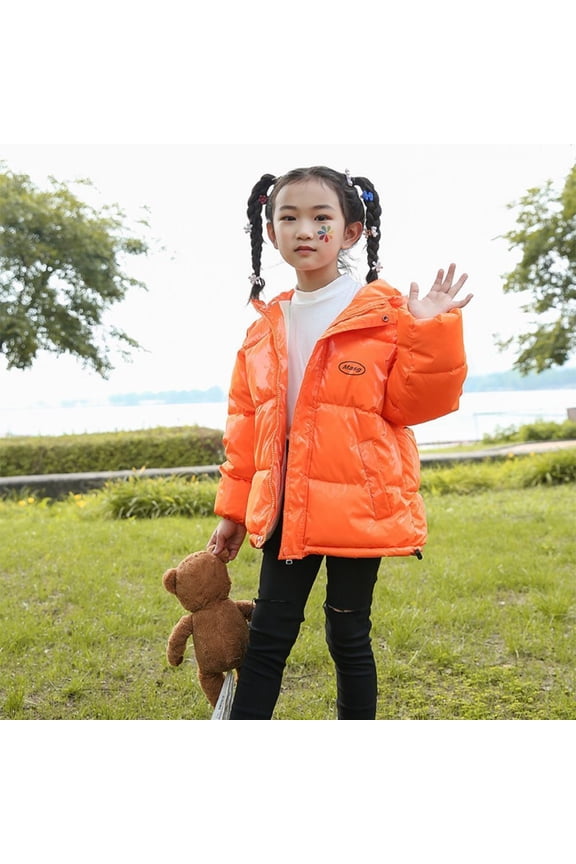 2-12Y Boys Girls Hooded Down Jacket Winter Warm Fleece Coat Windproof Zipper Outerwear Water-Resistant Packable Puffer Jacket Coat(Orange)