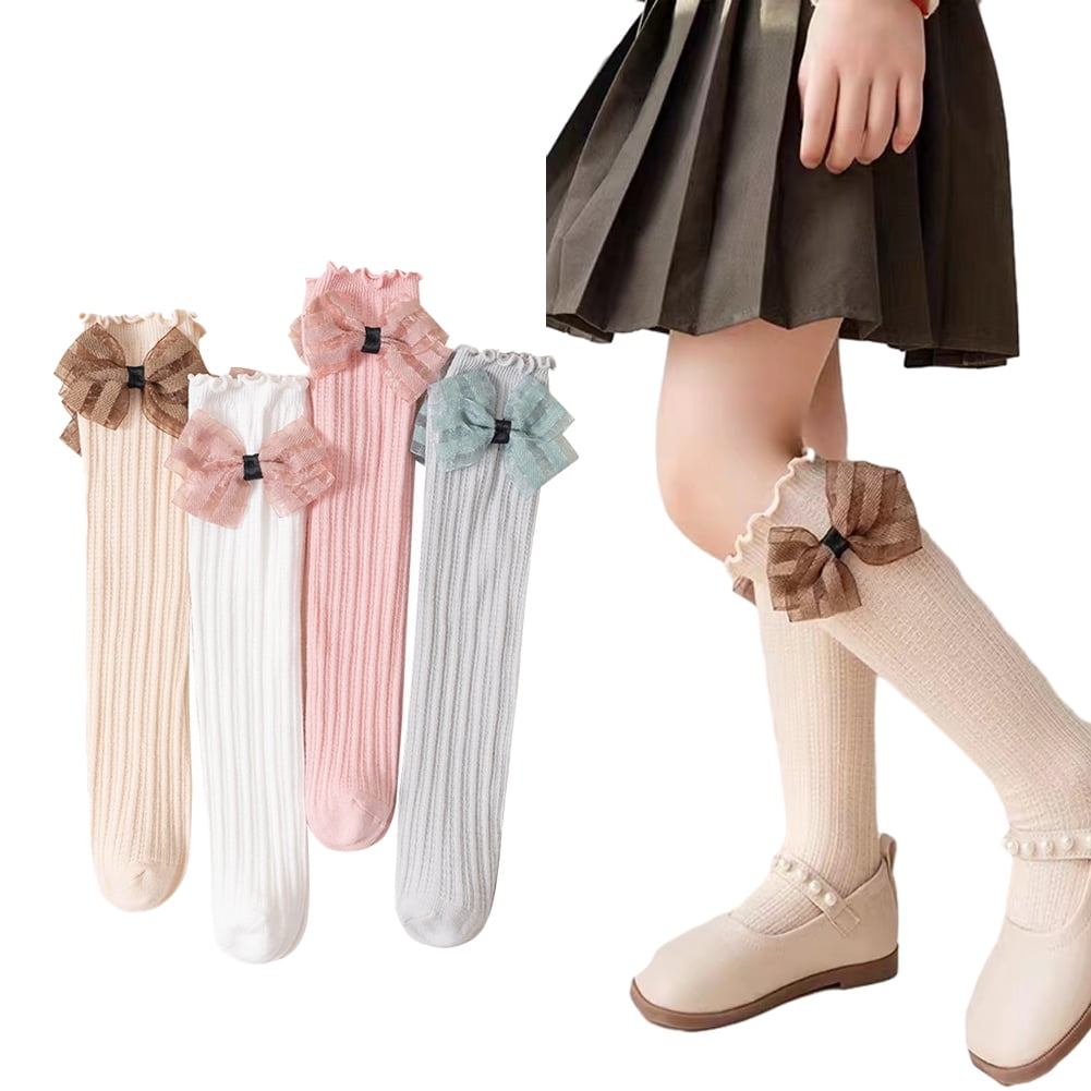 CSCHome 312Y Baby Girl Knee Socks with Ribbon Bow Soft Cotton Vertical