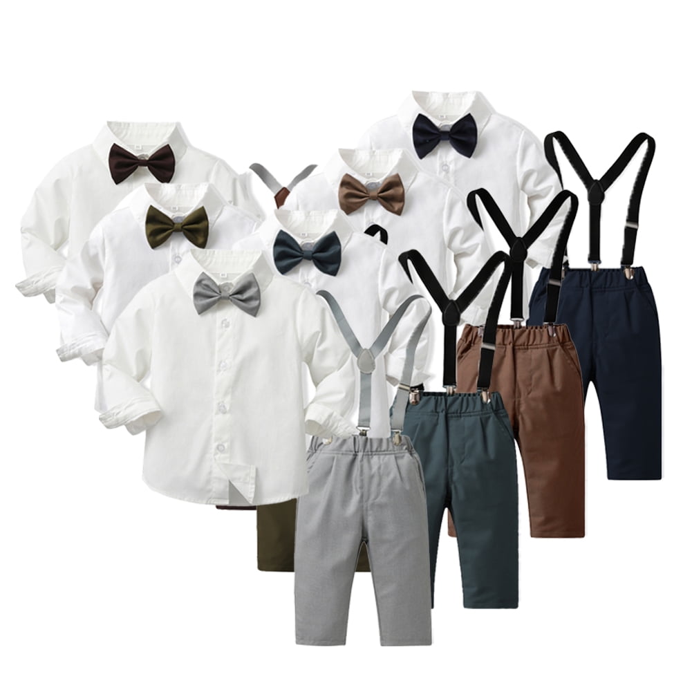 Lilax Boys Gentleman Outfit Set - Tuxedo Dress Shirt With Suspenders & Bow Tie For Special Occasions