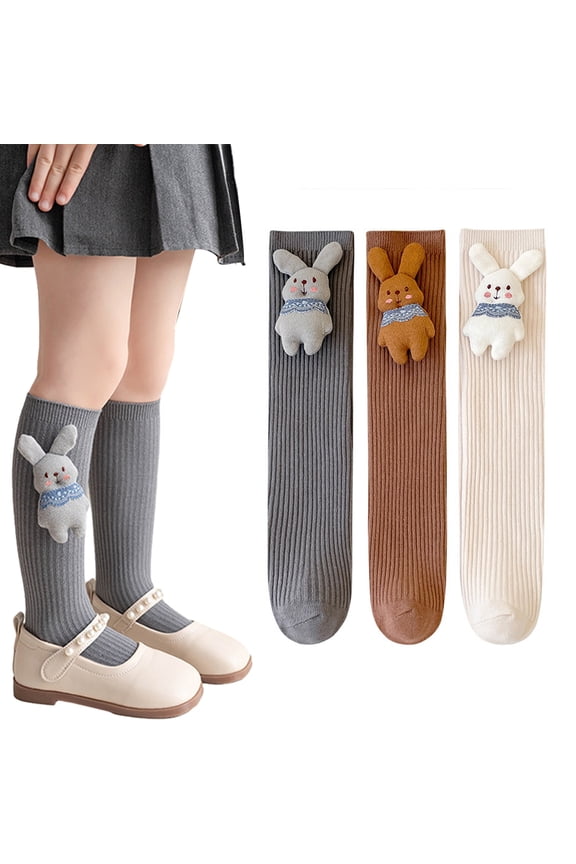3-12 Y Baby Girl Knee Socks with Rabbit Soft Cotton Vertical Striped Knit Stocking Seamless Toe Kids Thigh High Socks for Toddler Girls 2 PCS