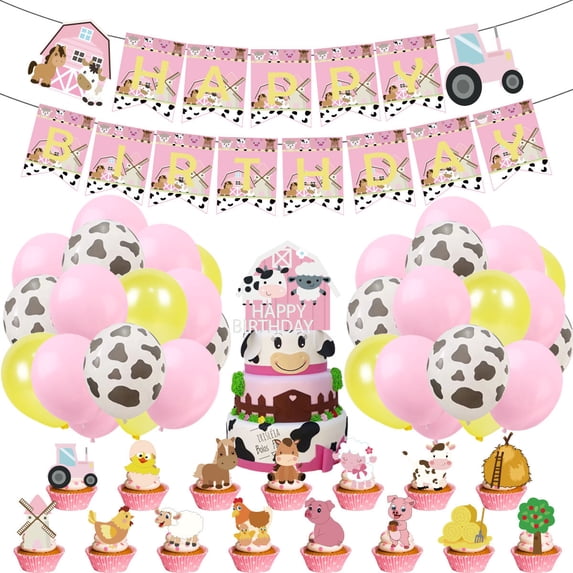 CSCHome 55 pcs Birthday Decorations for Girls Farm Animal Theme Birthday Party Cow Pull Balloon Flag Banner Cake Plug Decoration Set