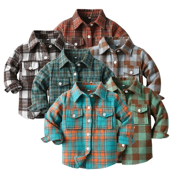 CSCHome 6M-12Y Kids Boy Girls Button Down Flannel Plaid Jacket Shacket Cardigan Lapel Button Down Shacket Fall Outerwear for Kids