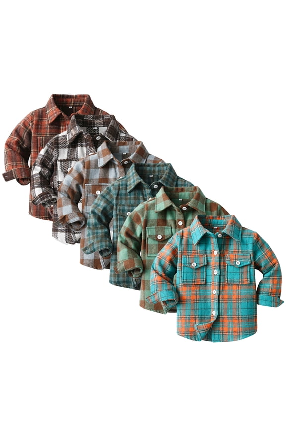 6M-12Y Kids Boy Girls Button Down Flannel Plaid Jacket Shacket Cardigan Lapel Button Down Shacket Fall Outerwear for Kids