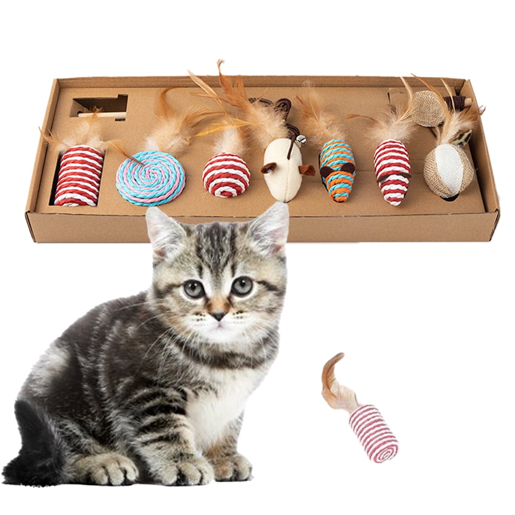 CSCHome 7 PCS Cat Toys Interactive Cat Wand Cat Feather Toys Sturdy Wood Handle & Bell Cat Wand Toys for Indoor Cats Pets