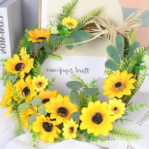 CSCHome Artificial Sunflower Wreath Rustic Farmhouse Decorative Floral Wreath for Front Door Window Wedding Spring Outdoor
