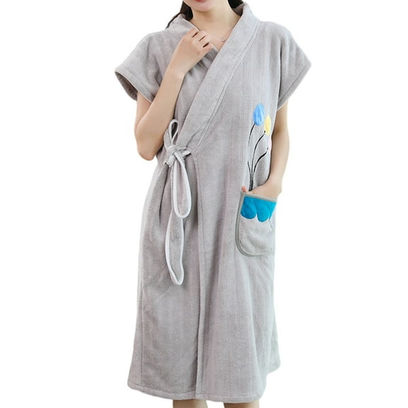 CSCHome Bath Robe Women's Adjustable Straps Absorbent Water Coral Velvet Bathrobe Embroidered Women's Robe with Pockets