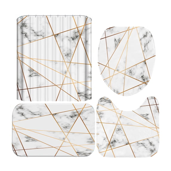 CSCHome Bathroom Shower Curtain Non-slip Mat Set, Toilet Cover Mat 1 PCS, Non-slip Carpet Mat 2 PCS, Waterproof Shower Curtain 1 PCS