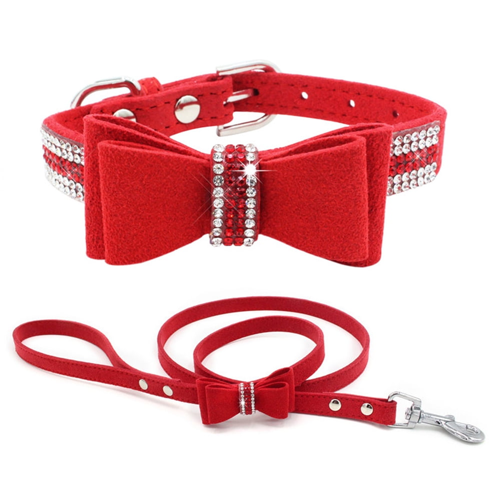 CSCHome Dog Cat Collar with Leash Set Bow Sparkling Diamond Dog Collars