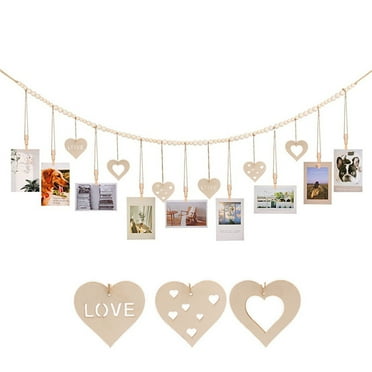 CSCHome Dorm Wall Decor Cubicle Decor Boho Office Decor Hanging Decor Original Color Heart Wooden Bead Photo Organizer