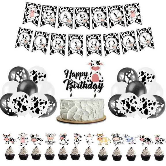 CSCHome Farm Theme Birthday Decoration Set, Cute Pasture Cow Flag Balloon Hanging Decoration