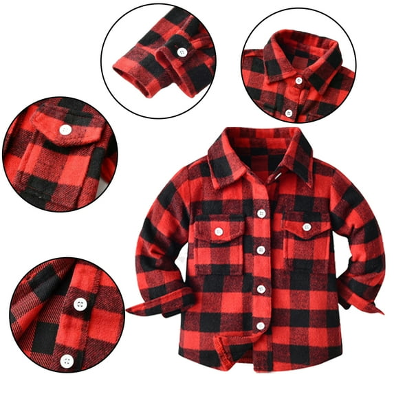 CSCHome Girls Boys' Button down Plaid Shirt for Kids Boys Girls Thickened Casual Cotton Long Sleeve Tops for 6M-9Y