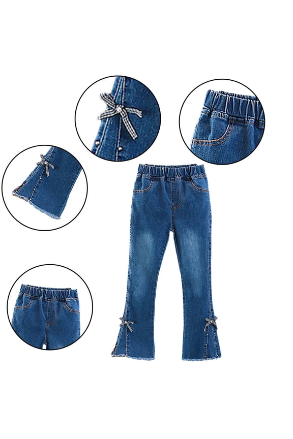 Kids Girls Winter Flare Jeans Bell Bottom Wide Leg Fleece Denim Pants Kids Clothes Toddler Baggy Trousers for 3-13 Years