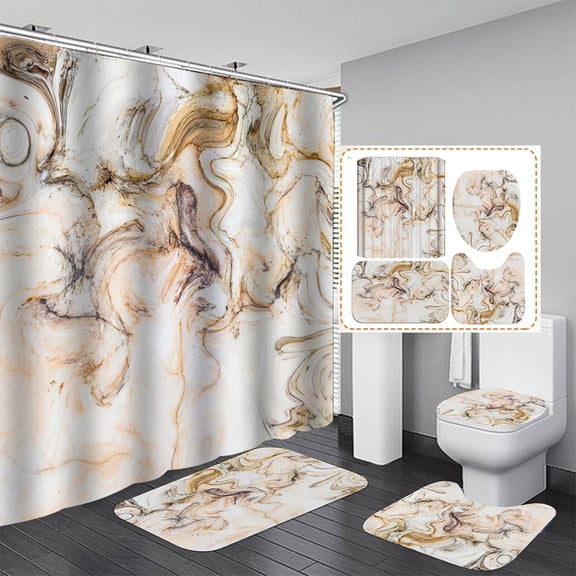 CSCHome Marble Pattern Shower Curtain Four-Piece Set,Bathroom Decoration,Wet and Dry Bathroom Set