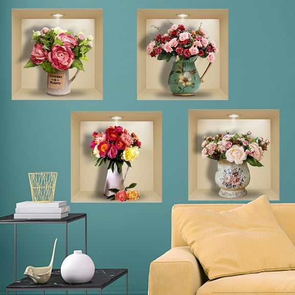 CSCHome Rose Flower 3D Wall Decals They Are Easy to Apply,Clean for Living Room Background Wall Decoration 4PCS