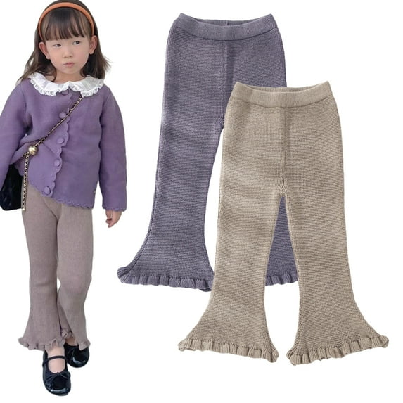 CSCHome Toddler Kids Girls Knit Bell Bottoms Solid Color Flared Pants Baby Elastic Waist Ruffle Leggings Spring Fall Long Pants Clothes