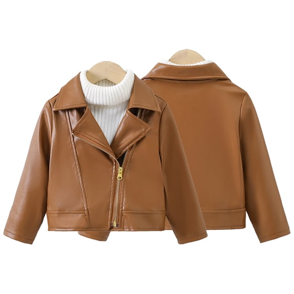 CSChome 1-7Y Baby Boys Girls Leather Jackets for Kids Toddler Fall Winter Collar Motorcycle Faux Leather Coats Zipper Solid Color Short Outerwear Tops