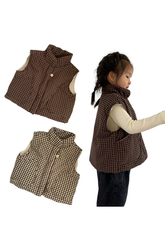 Girls Boys Winter Plaid Plus Cotton Vest for Baby Newborn 9 Months-7 Years Kids Soft Warm Sleeveless Jacket Single Button Cotton Waistcoat Coats