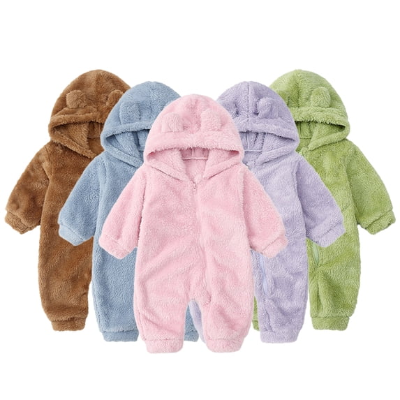 CSChome Winter Newborn Boys Girls Solid Romper Unisex Hooded Outfit Infants Cotton Bodysuit Zipper Jumpsuits Flannel Playsuit for 3-36 Months Baby