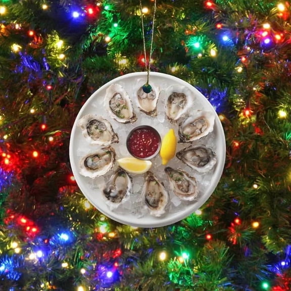 CSEONE Nautical Christmas Ornament Ceramic Seafood Design with Hot Sauce and Lemon Beach House Decor Holiday Tree Decoration 3 Inch Round Family Gifts Mens Christmas Gifts Family Gifts
