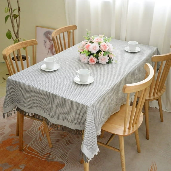 CSFL Grey Linen Tablecloth Rectangle Table, Gingham Tablecloths Cotton, Washable Table Cover with Two-color Tassel for Farmhouse Decor, Outdoor Picnic, Dining and Camping (83"x35", 7ft)