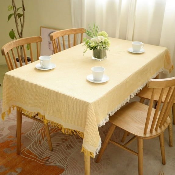 CSFL Yellow Linen Tablecloth Rectangle Table, Gingham Tablecloths Cotton, Washable Table Cover with Two-color Tassel for Farmhouse Decor, Outdoor Picnic, Dining and Camping (71"x51", 6ft)