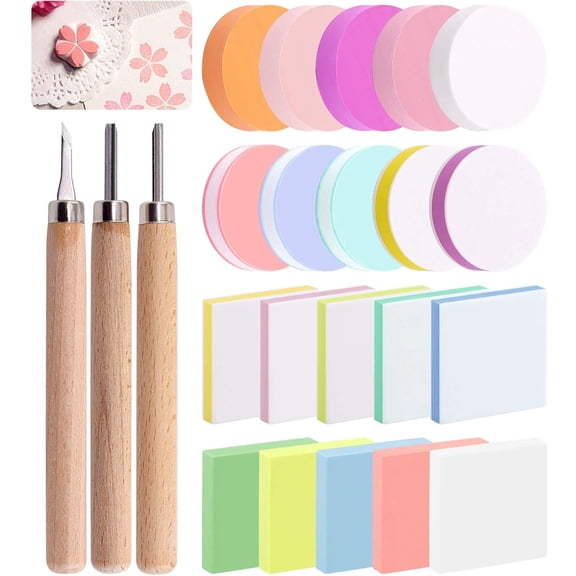 CSONGAZA 24 Pieces Block Printing Starter Tool Kit, Rubber Stamps Making Set with Round & Square Rubber Carving Blocks, Linoleum Cutter Tools & Grindstone for Stamp Carving and Printmaking