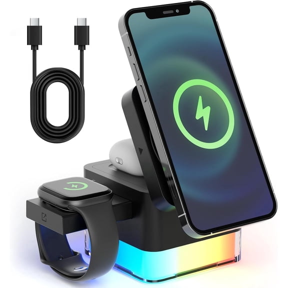 CSONGAZA 3 in 1 Wireless Charging Station,Magnetic Wireless Charger 15W Foldable Fast Charger Stand with Night Light for iPhone 17/16/15/14/13/12 Apple Watch Ultra/SE/9/8/7/6/5/4/3/2