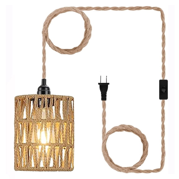 CSONGAZA Boho Plug in Pendant Light, Hanging Light with Plug in Cord, Ceiling Lamp Rattan Cylinder Lamp Shade On-Off Switch, Hanging Plant Shelf Shelves Bohemian Decor for Bedroom Living Room Corner