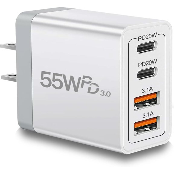 CSONGAZA Dual USB C Charger 55W USB C Charger Block, 4 Port Type C Fast Charging Block QC+PD Power Adapter Wall Plug