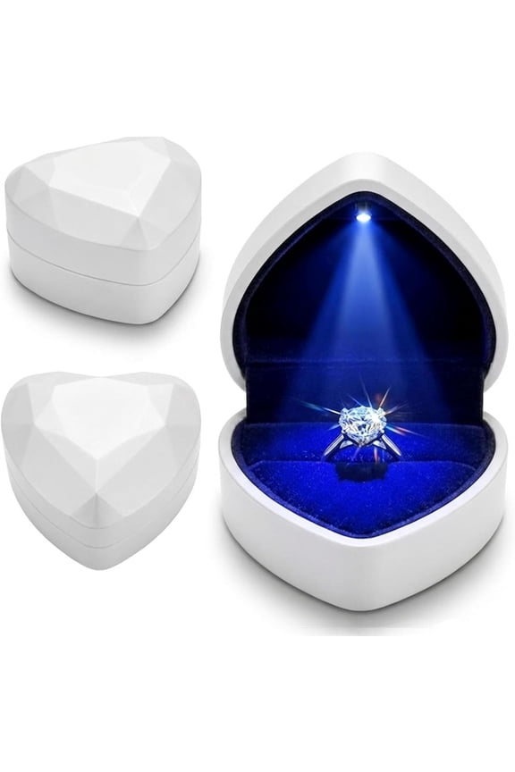 LED Ring Box Heart Shape, Auto Light Jewelry Gift Box for Engagement Proposal Wedding - White Velvet Interior, Creative Diamond Luxury Storage Display Holder