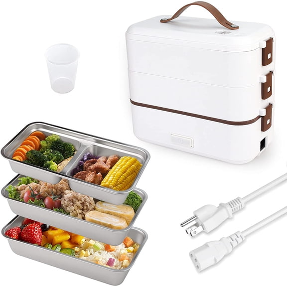 CSONGAZA Self Cooking Electric Lunch Box, Portable Food Warmer for On-the-Go,Mini Rice Cooker 2 Layers 800ML Heated Lunch Box for Home Office Cook Food White