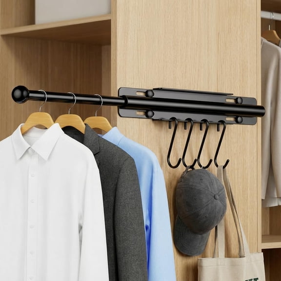 CSONGAZA Valet Rod for Closet Pull Out, 12 Inch Retractable Slide Out Closet Rod with 4 Hooks, Heavy Duty Steel Extendable Adjustable Clothes Hanger Rod for Laundry Room, Wardrobe & Bathroom, Black