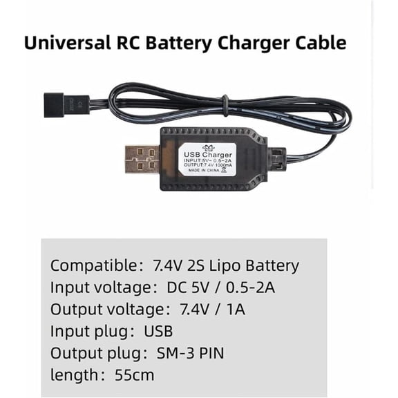 CSPARKV USB-Ladegert, universelles RC-Kabel mit SM-3P-Stecker fr 2S 7,4 V LiPo-Akku, kompatibles RC-Auto, RC-Boot, RC-Drohne, RC-Flugzeuge und andere ferngesteuerte Spielzeuge