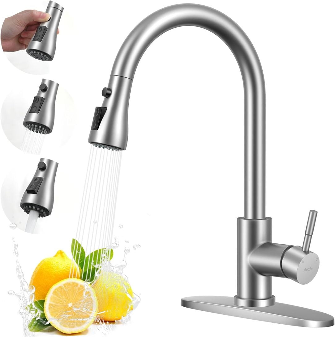 FORIOUS Kitchen Faucet With Pull Down Sprayer – Brushed Nickel, High Arc, Single Handle, Stainless Steel, Deck