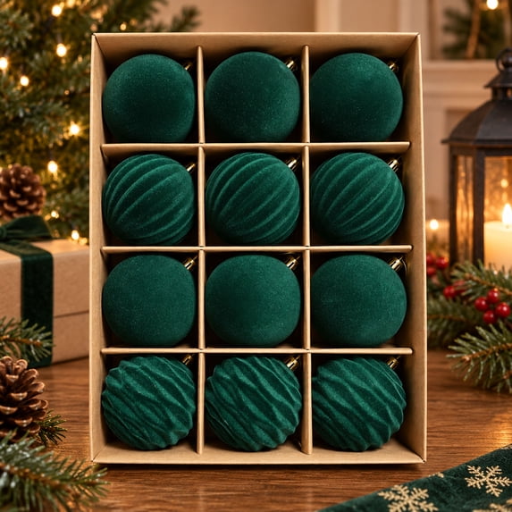 CSSAD 12 PCS Flocked Christmas Ball Ornaments 2.36 Inch, Dark Green Velvet Texture Christmas Tree Decorations, Hanging Holiday Baubles for Christmas Tree Wreath Mantel Home Decor