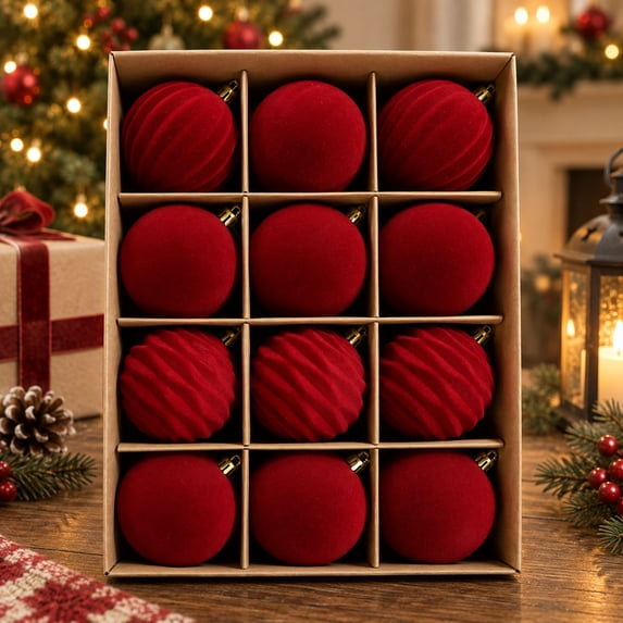 CSSAD 12 PCS Flocked Christmas Ball Ornaments 2.36 Inch, Dark Red Velvet Texture Christmas Tree Decorations, Hanging Holiday Baubles for Christmas Tree Wreath Mantel Home Decor