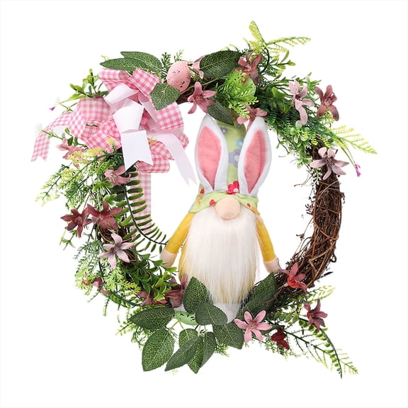 CSSAD 15.7" Easter Dwarf Bunny Wreath with Colorful Eggs and Bow, Artificial Easter Wreath Mixed Flowers Green Leaves Hanging Bunny Shaped Wreath for Front Door Wall