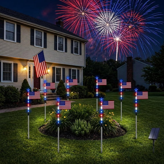 CSSAD 8 Pack Solar American Flag Pathway Lights - Patriotic Red White Blue Outdoor Stake Waterproof LED Lights, 4th of July Memorial Day & Independence Day Yard Garden Flag Pole Light Solar Powered