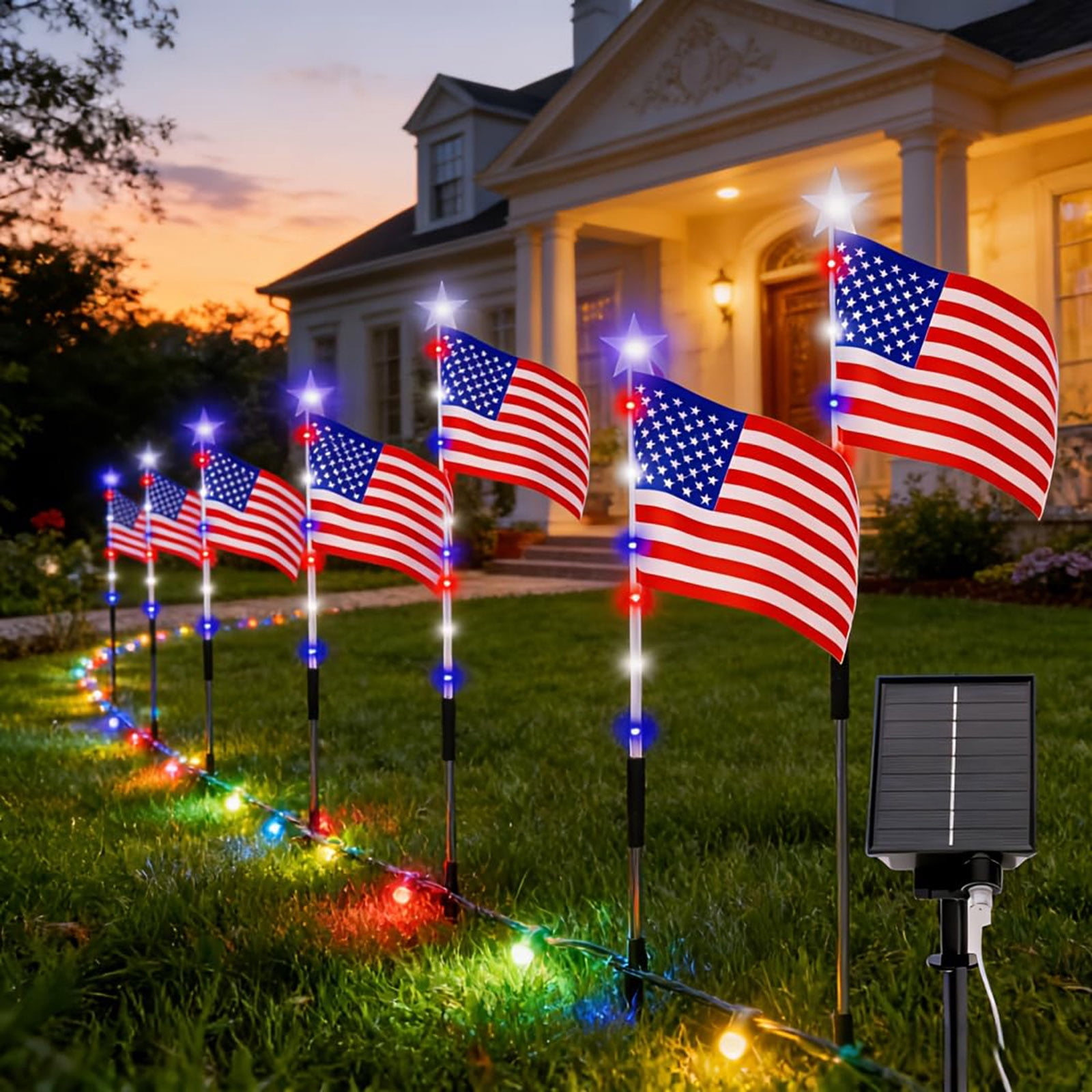 CSSAD 8 Piece Solar US Flag Light Outdoor, American Flags Pole Pathway Lights, Outdoor Garden Waterproof Patriotic LED Star Stake for 250th Anniversary, 4th of July Decoration Solar Flag Lights