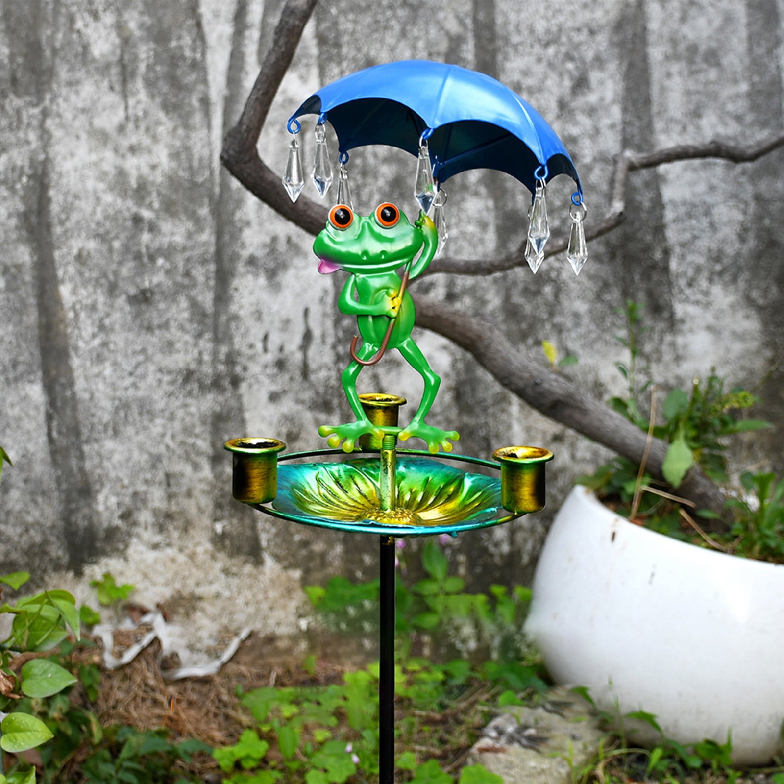 CSSAD Bird Bath Garden Standing, 33in Iron Frog Umbrella Bird Feeder, Outdoor Bird Bath with Ground Plug, Frog Bird Bath Large for Wild Birds and Insects