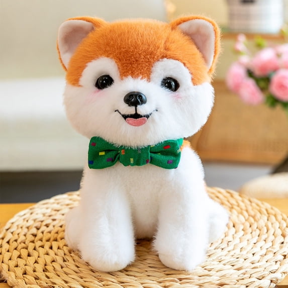 CSSAD New 8-inch Simulating Puppies, Pet Dog Toys Plush Doll Green Bow Shiba Inu for Children's Birthdays Holiday Gift Boys and Girls Toys