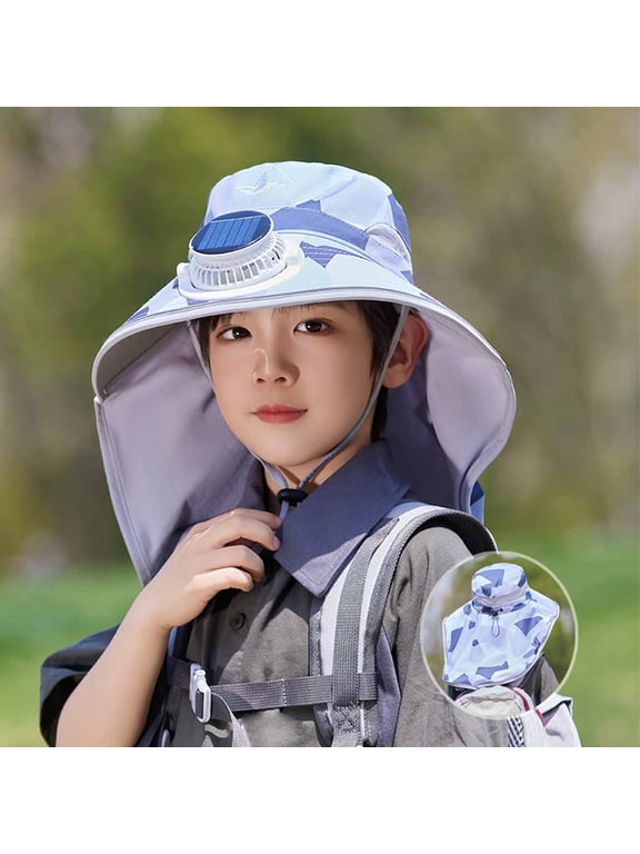 Outdoor Wide Brim Sun Hat with Solar Fan, Summer Big Brimmed Shawl Fisherman's Hat for Childen, Sun Bucket Hat for Men Women UPF 50+ Bucket Fishing & Beach Hat with Fan, Gray
