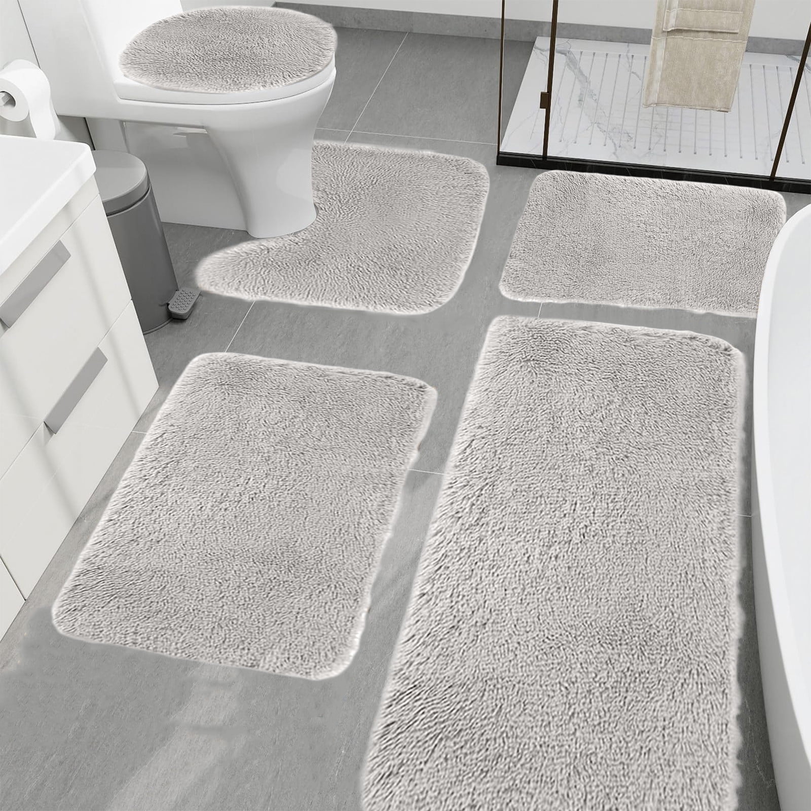 CSSAD Soft 5-Piece Solid Color Bath Rugs, Brown Bathroom Rug Set 5 Pieces Ultra Soft, Non Slip Chenille Toilet Mat,Absorbent Plush Shaggy Bath Mats for Bathroom,Bedroom,Kitchen,Gray